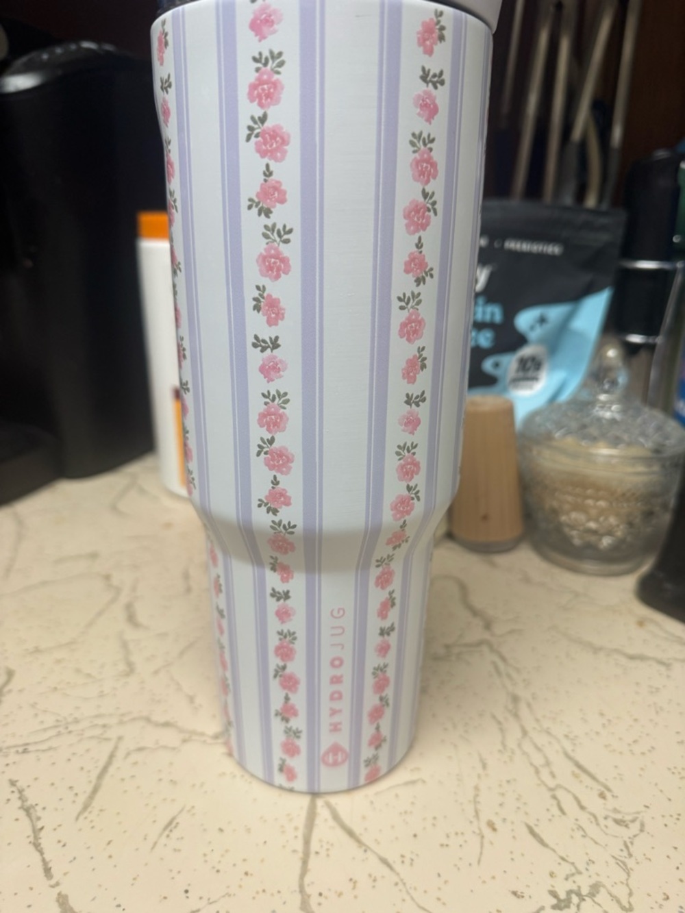 HydroJug Pink Rose Stripe Tumbler with Lavender Accents